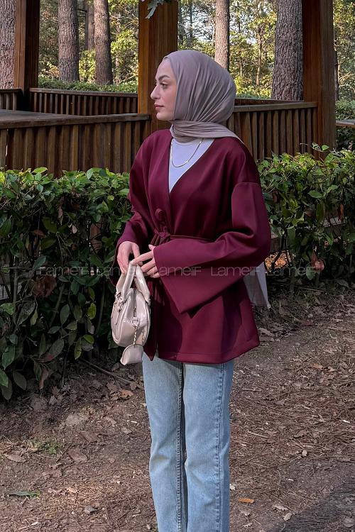 Lamelif Bağlama Detaylı Kimono Bordo