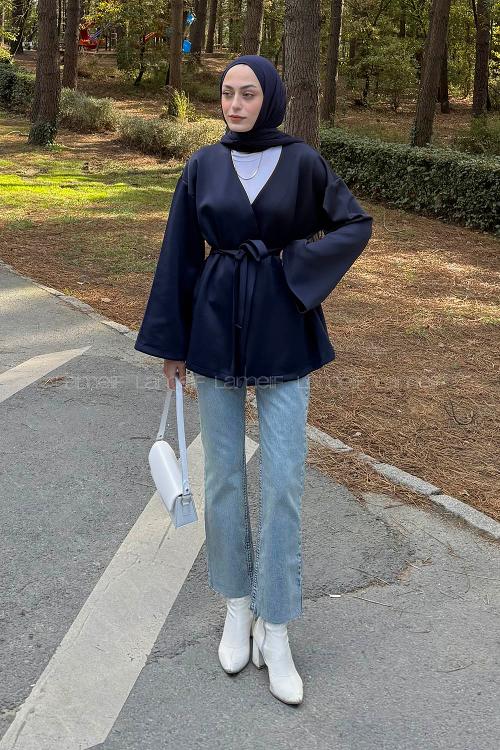 Lamelif Bağlama Detaylı Kimono Lacivert