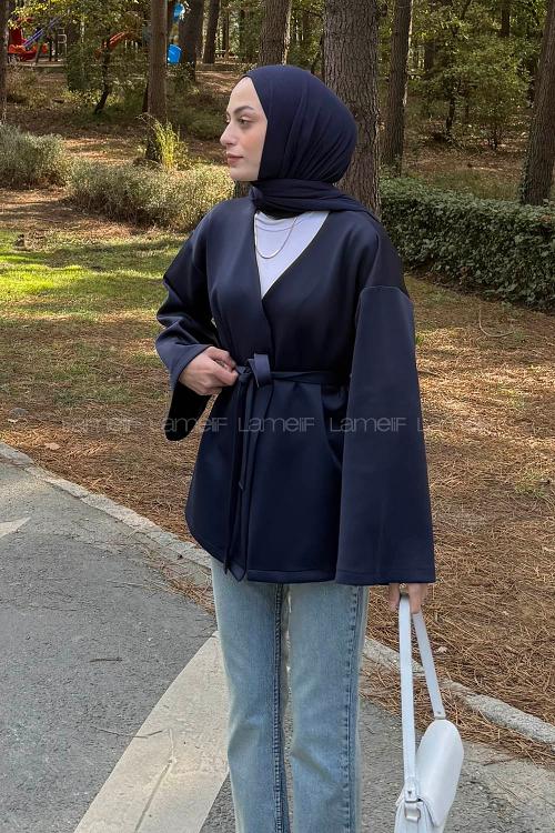 Lamelif Bağlama Detaylı Kimono Lacivert