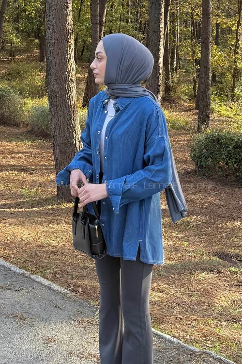 Lamelif Fitilli Tesettür Gömlek Kot Mavisi