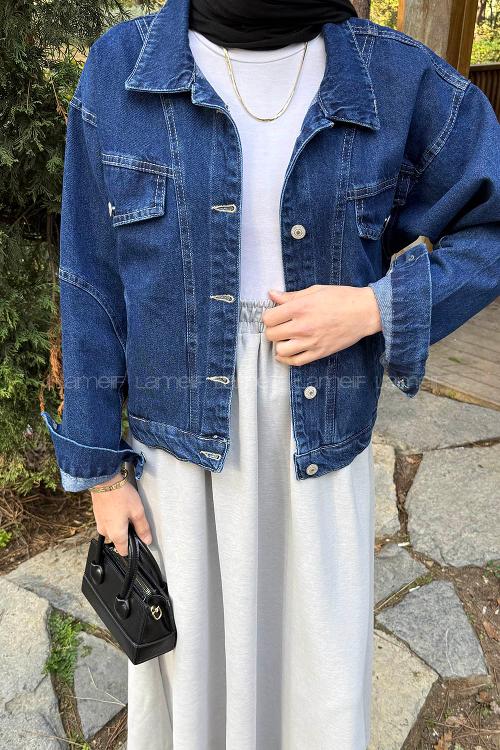 Lamelif Fleto Cepli Kot Ceket Kot Mavisi