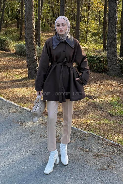 Lamelif Garni Yaka Trençkot Acı Kahve