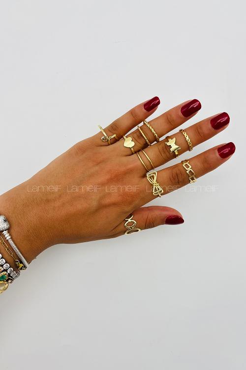 Lamelif Gold 11li Kombin Kurdele Yüzük Seti