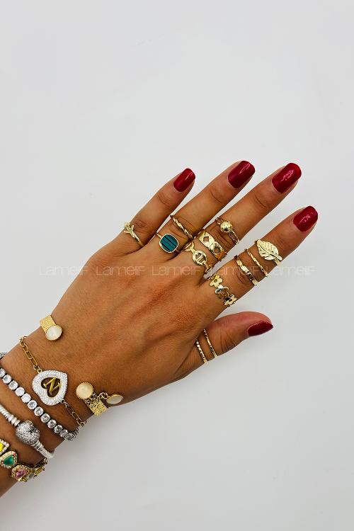 Lamelif Gold 12li Kombin Yesil Mineli Yüzük Seti