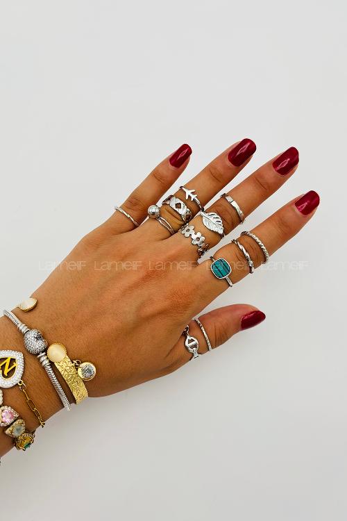 Lamelif Gümüş 12li Kombin Yesil Mineli Yüzük Seti