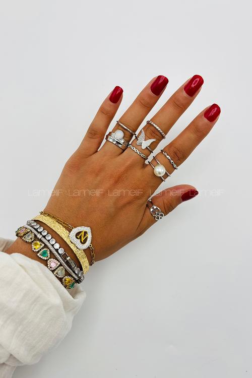 Lamelif Gümüş 7li Kombin Kelebek Yüzük Seti