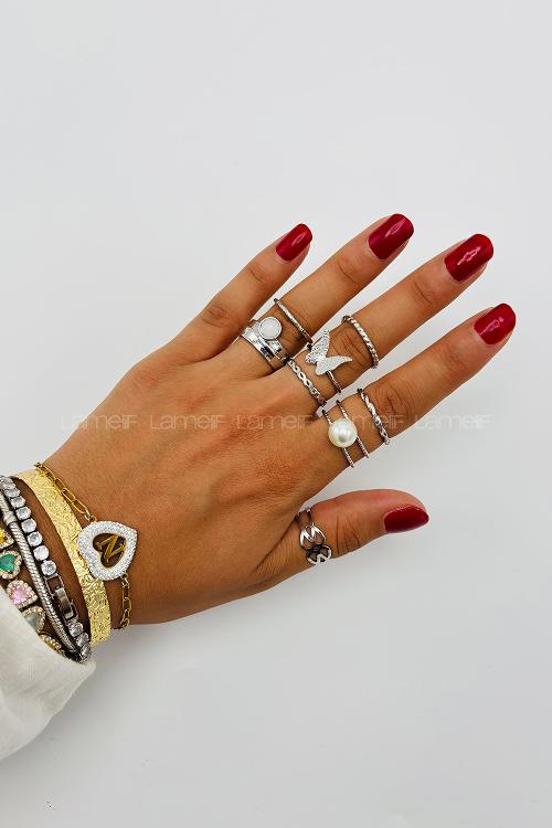 Lamelif Gümüş 7li Kombin Kelebek Yüzük Seti