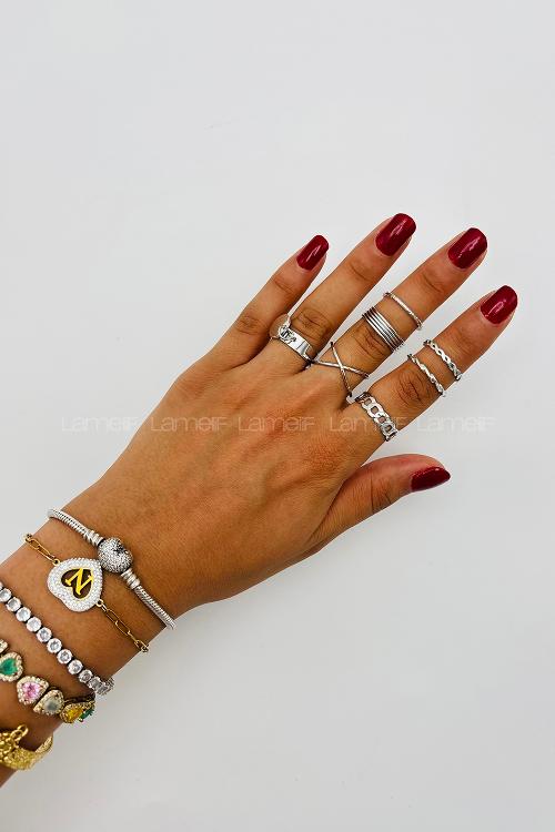 Lamelif Gümüş 7li Kombin Sallantılı Yüzük Seti