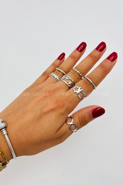 Lamelif Gümüş 7li Kombin Yıldız Yüzük Seti