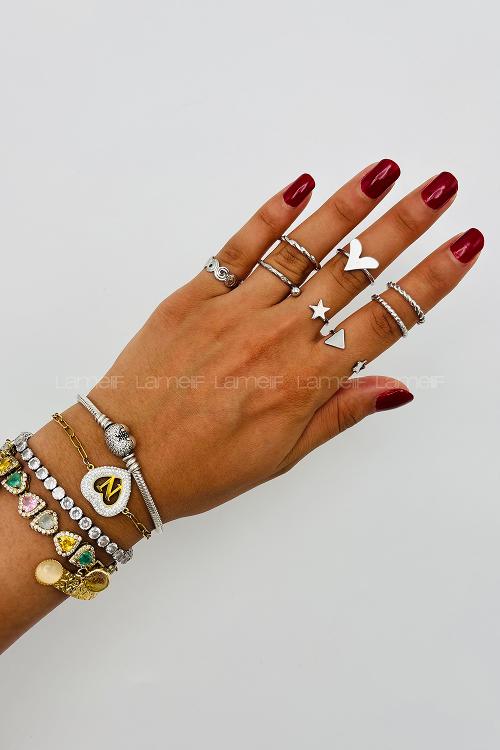 Lamelif Gümüş 8li Kombin Kalp Yüzük Seti