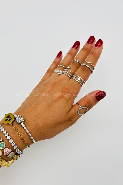 Lamelif Gümüş 8li Kombin Yaprak Yüzük Seti