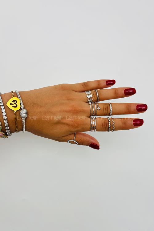 Lamelif Gümüş 8li Kombin Yaprak Yüzük Seti