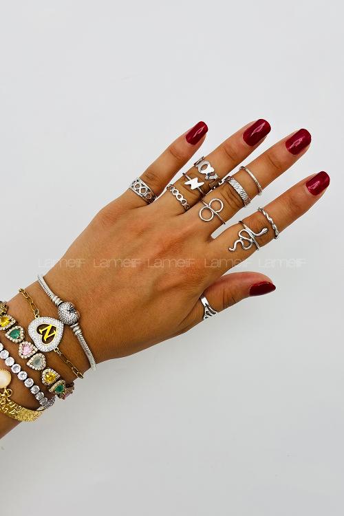 Lamelif Gümüş 9lu Kombin Yılan Yüzük Seti