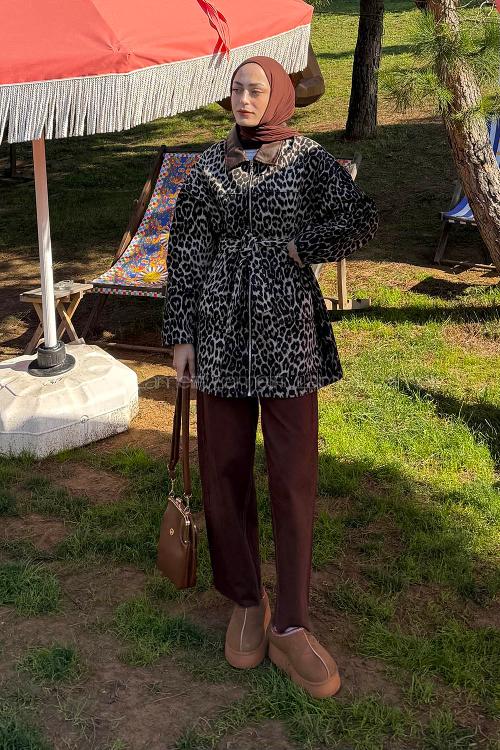 Lamelif Leopar Desen Kot Mont  Acı Kahve