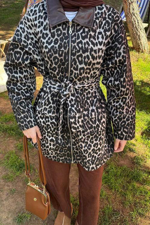 Lamelif Leopar Desen Kot Mont  Acı Kahve