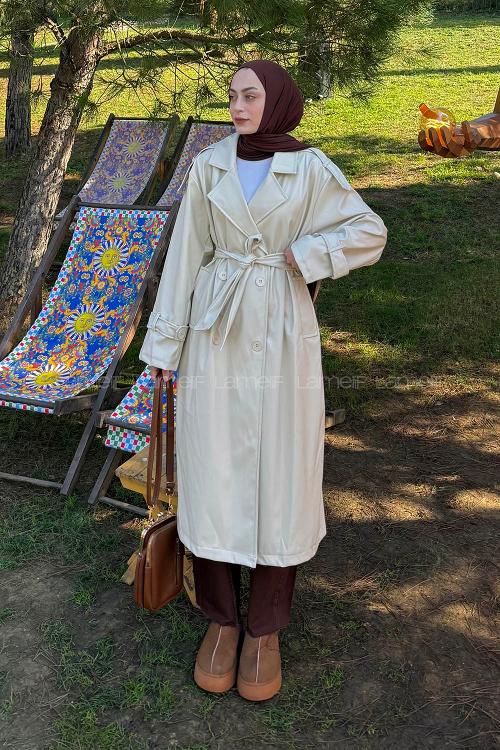 Lamelif Omuz Apoletli Deri Trençkot Krem