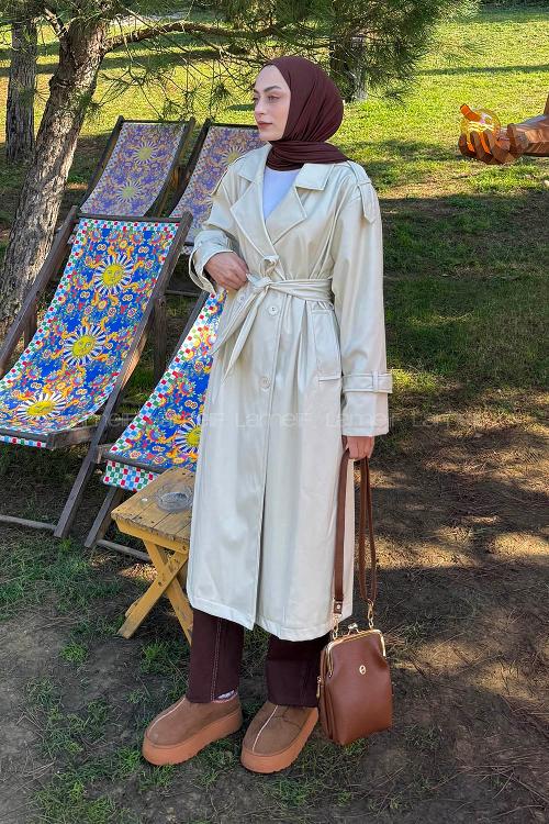 Lamelif Omuz Apoletli Deri Trençkot Krem