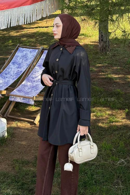 Lamelif Yaka Detaylı Kısa Trençkot Siyah