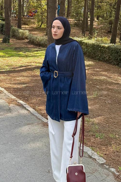 Lamelif Bağlama Detaylı Kot Hırka Koyu Mavi