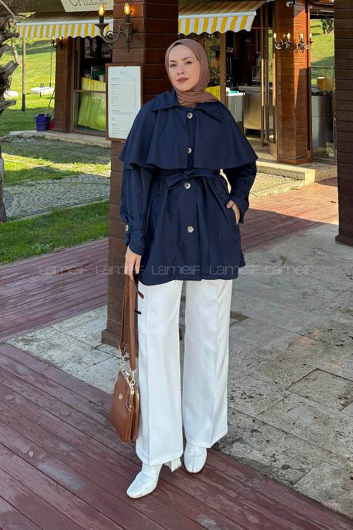 Lamelif Bağlama Detaylı Pelerinli Trençkot Lacivert