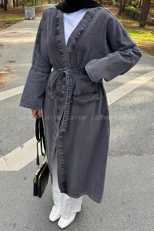 Lamelif Bağlamalı Kot Trençkot Füme