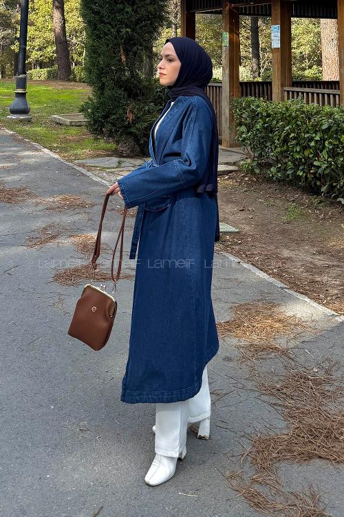 Dark Blue Long Arm Denim Trench Coat