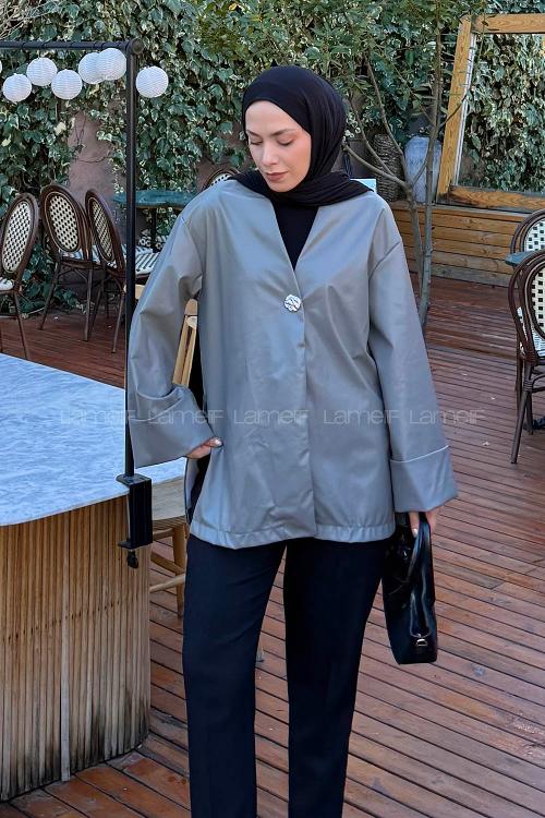 Lamelif Düğme Detaylı Deri Ceket Gri