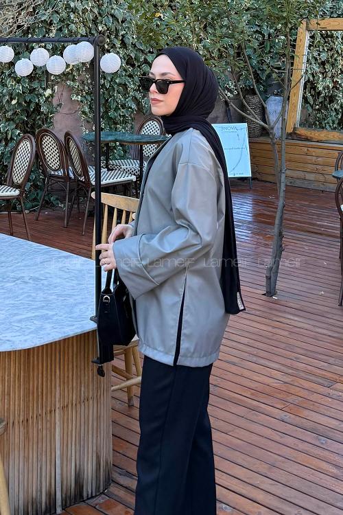 Lamelif Düğme Detaylı Deri Ceket Gri