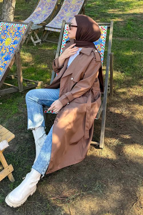 Lamelif Düğme Detaylı Trençkot Kahverengi