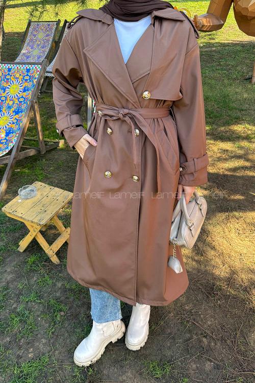 Lamelif Düğme Detaylı Trençkot Kahverengi