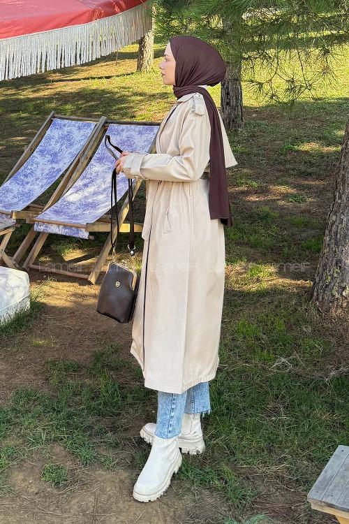Lamelif Düğme Detaylı Trençkot Taş Rengi