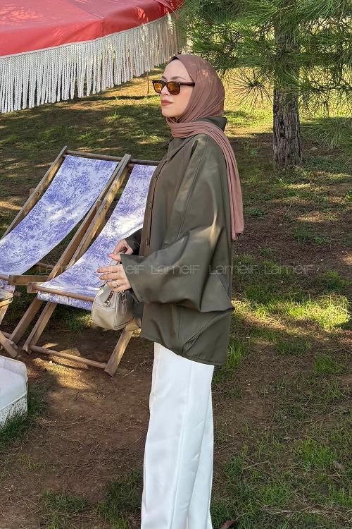 Lamelif Düğmeli Panço Haki