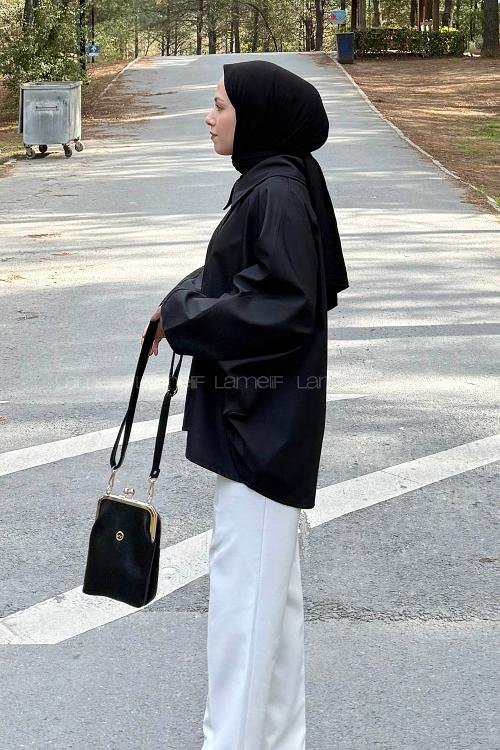 Lamelif Düğmeli Panço Siyah
