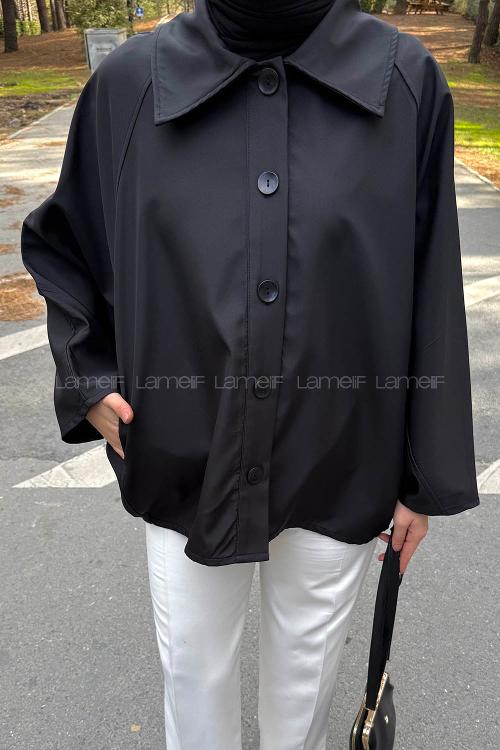 Lamelif Düğmeli Panço Siyah