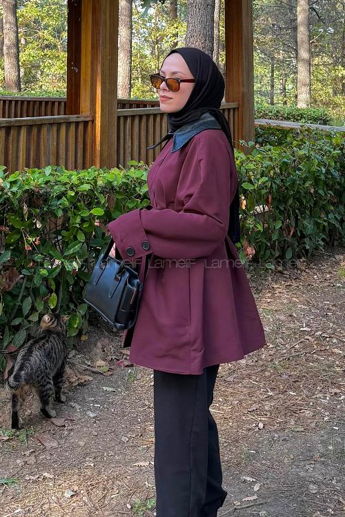 Lamelif Garni Yaka Trençkot Bordo