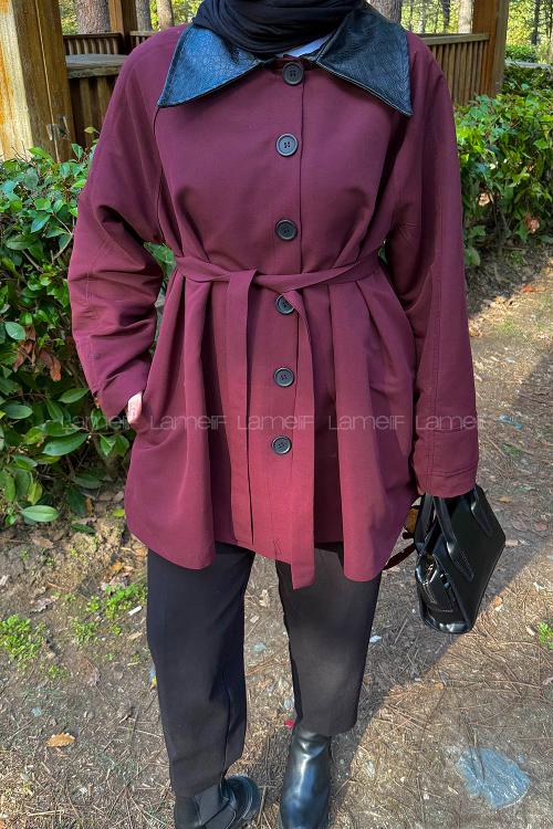 Lamelif Garni Yaka Trençkot Bordo