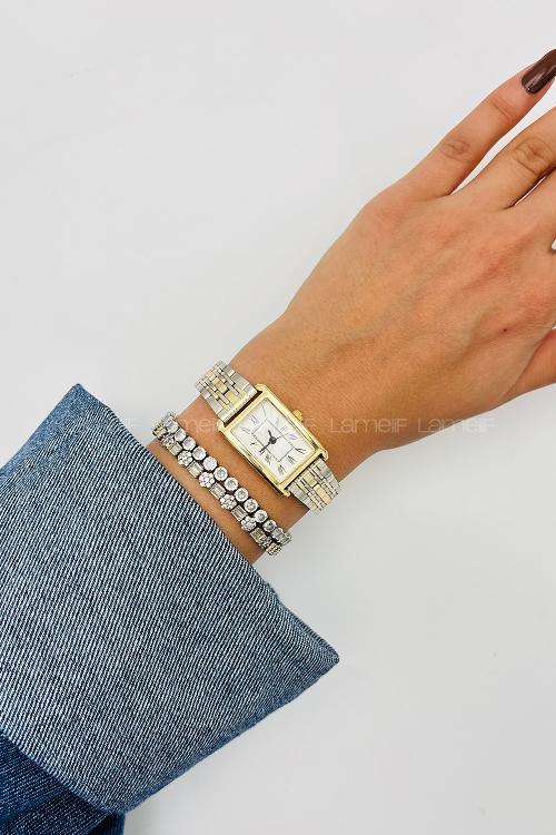 Lamelif Gümüş Gold Detaylı Metal Kordon Kol Saati