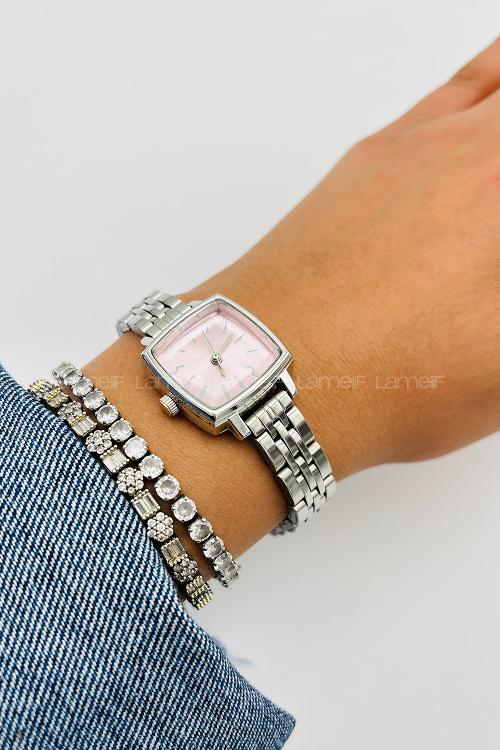 Lamelif Gümüş Metal Kordon Pudra Ekartman  Kol Saati