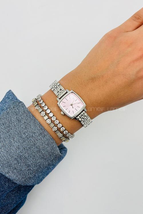 Lamelif Gümüş Metal Kordon Pudra Ekartman  Kol Saati