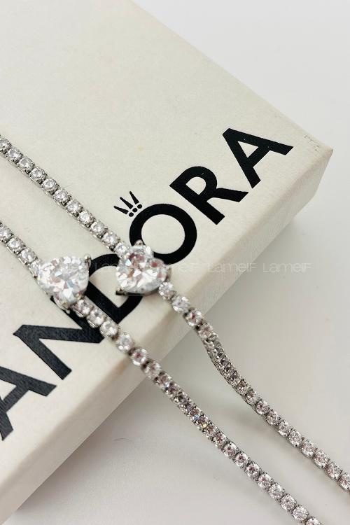 Lamelif Gümüş Su Yolu Baget Taşlı Beyaz Kalp Bileklik