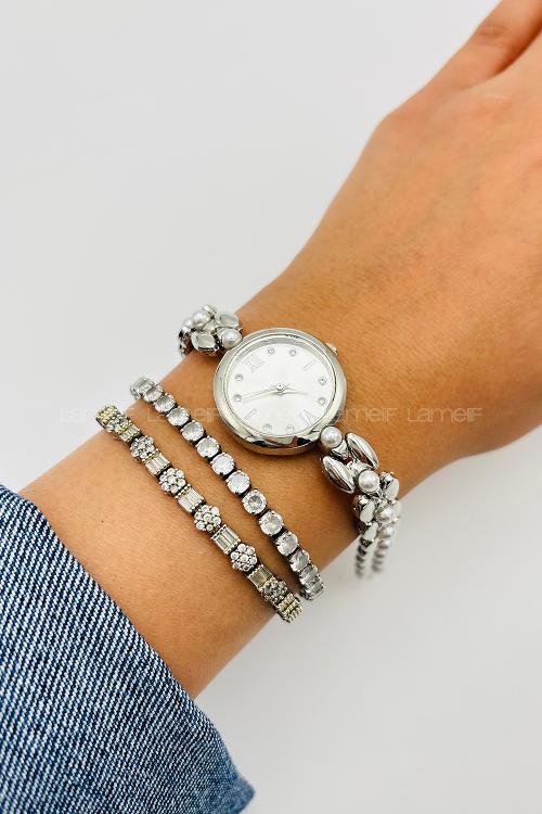 Lamelif Gümüş Vintage İnci Detaylı Metal Kordon Kol Saati