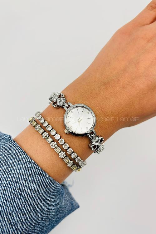 Lamelif Gümüş Yonca Kristal Taşlı Metal Kordon Kol Saati