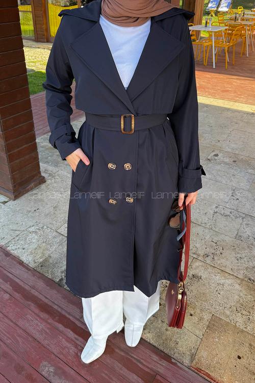 Lamelif Kuşaklı Omuz Apoletli Trençkot Lacivert