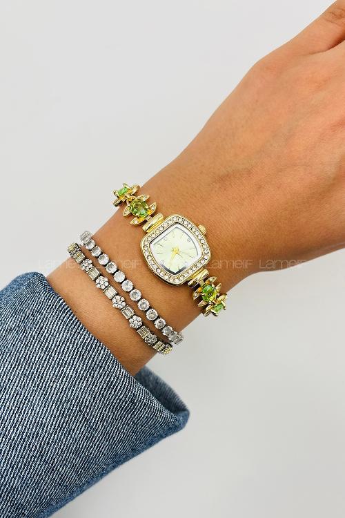 Lamelif Yeşil Kristal Taşlı Kol Saati