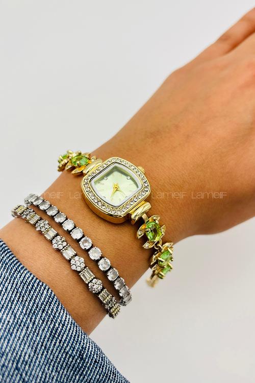 Lamelif Yeşil Kristal Taşlı Kol Saati
