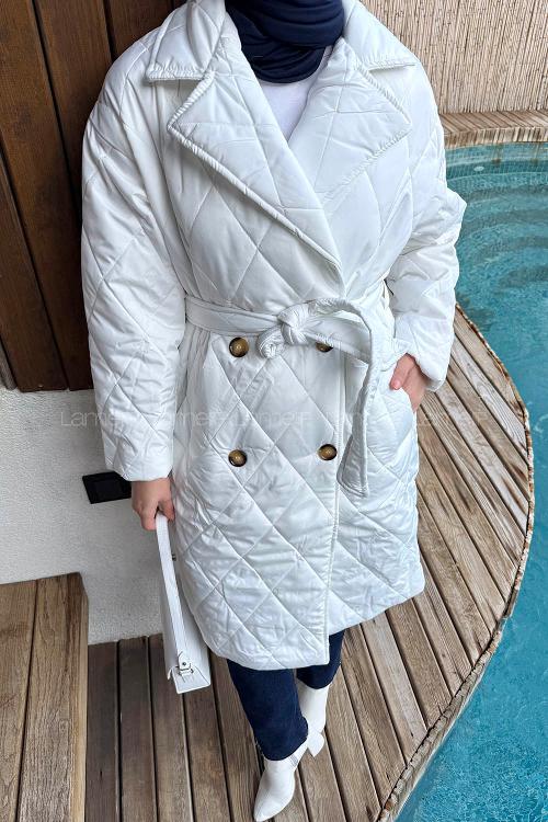 Lamelif Bağlama Detaylı Kapitone Mont Beyaz