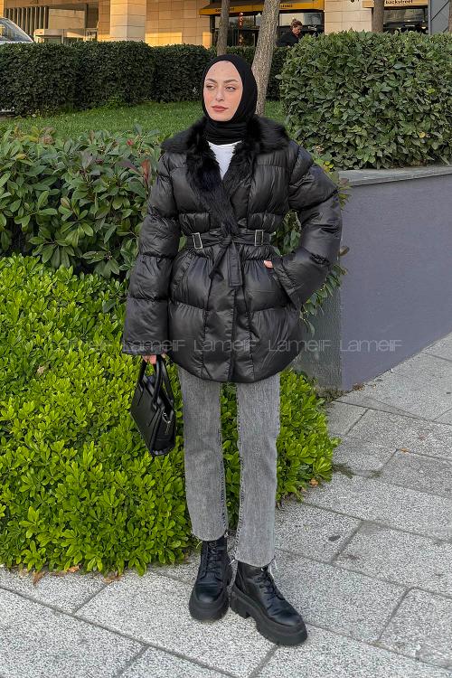 Lamelif Bağlama Detaylı Kürk Yaka Şişme Mont Siyah