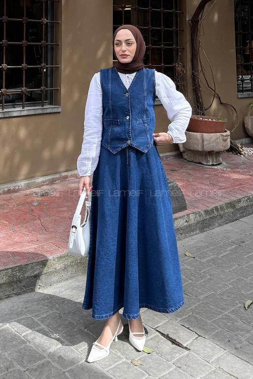 Lamelif Denim Yelek-Etek İkili Tesettür Takım Koyu Mavi