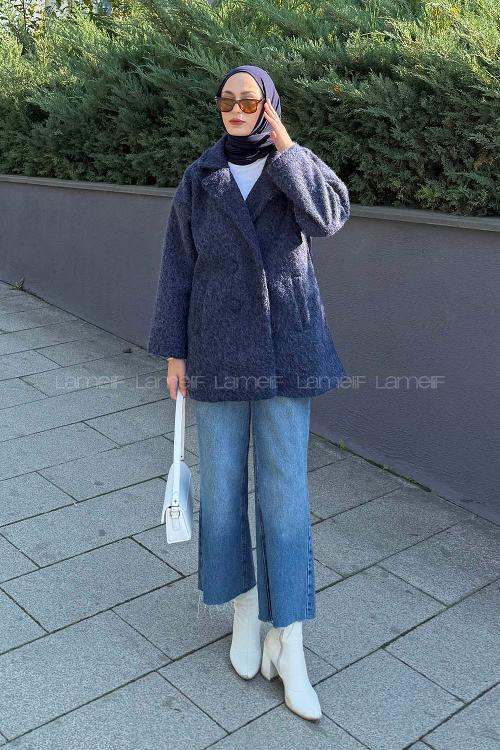 Lamelif Düğmeli Klasik Kaban Lacivert