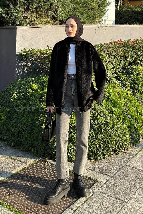 Lamelif Fermuarlı Kaban Siyah